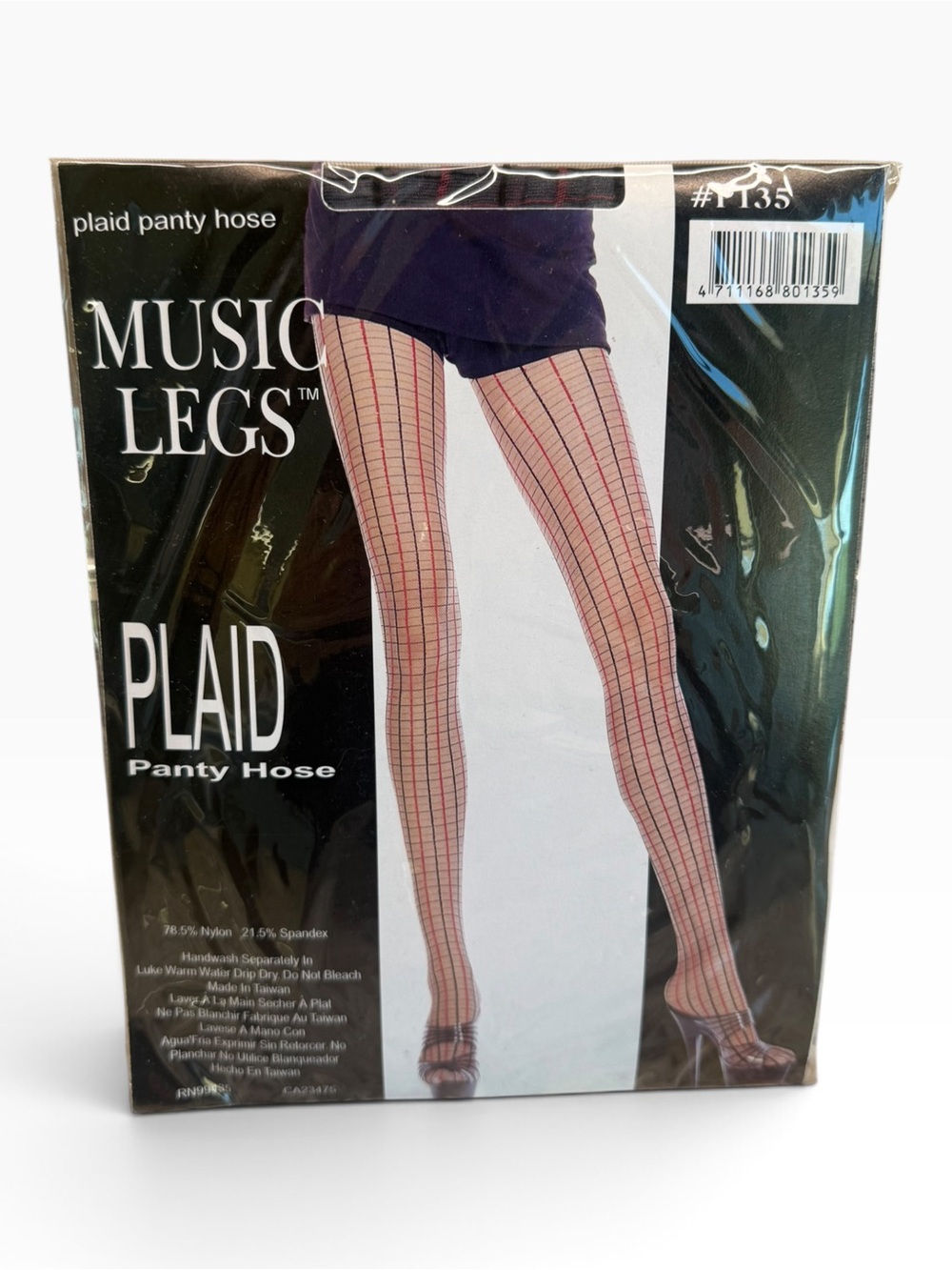Music Legs Plaid Pantyhose P135 OS Fits 5’-5’10” 100-175lbs Grey/Black/Red